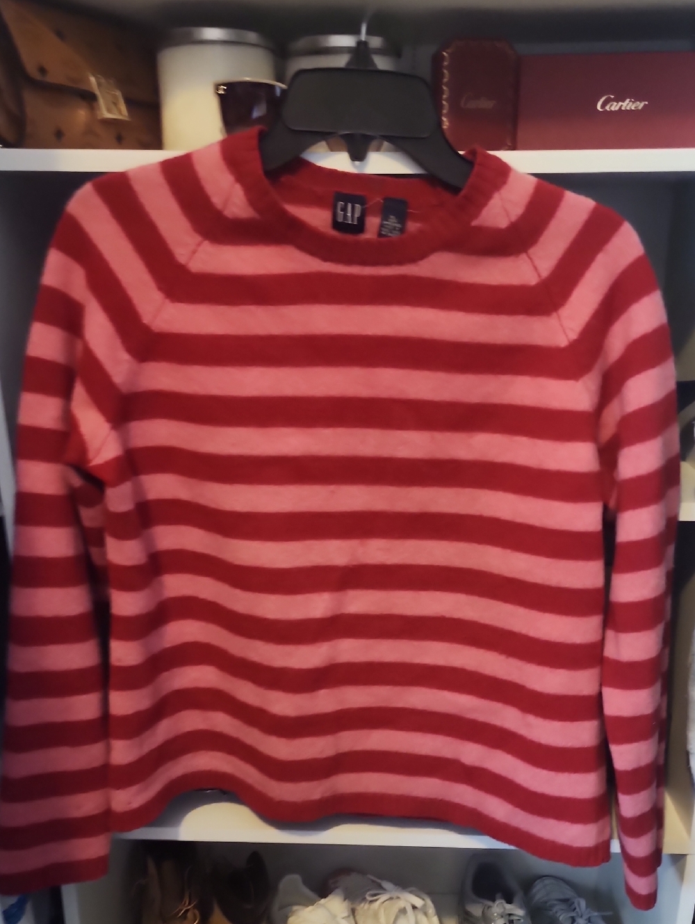 GAP Red and Pink Striped Crewneck Sweater